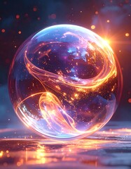 A vibrant, glowing orb filled with cosmic energy and swirling light, resting on a reflective surface. The sphere emits radiant illumination