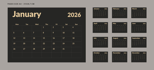 Set of 12 Pages Monthly Calendar Planner Templates on 2026 year. Vector mockup of a wall or desktop calendar organizer grid with the week starting on Monday ready print. Page for size A4 -21x29.7 cm