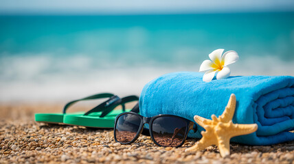 Beach Scene with Blue Towel Sunglasses Starfish and Flip Flops image photo