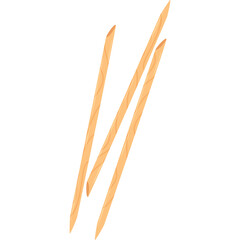 Three light brown wooden chopsticks isolated on transparent background with wood grain texture and clean aesthetic for Asian cuisine preparation