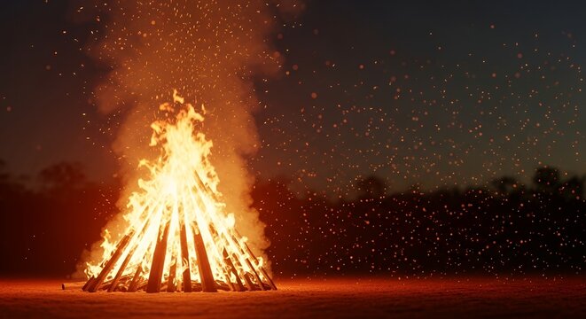 Magh Bihu bonfire night scene, floating grains and smoke particles