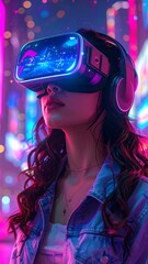 A young woman, wearing a VR headset, gazes upward in a neon-lit city setting. The scene glows with pinks and blues