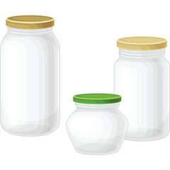 Three Empty Glass Jars With Gold and Green Lids On A White Background Isolated Studio Shot