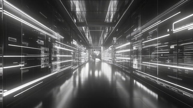 Modern server room exploring data stream and network technology