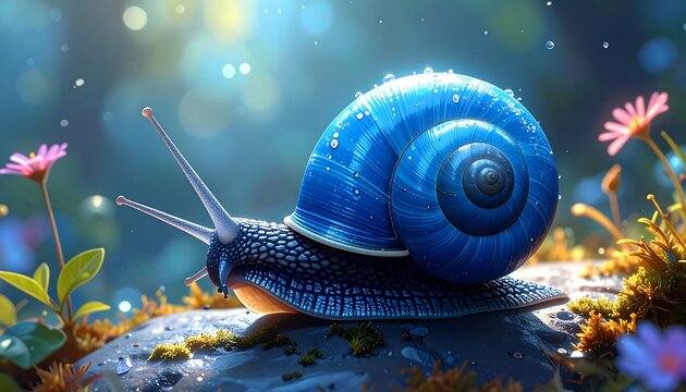 A vibrant, hyper-realistic depiction of a snail with a luminous blue shell and textured body. Delicate details, soft focus background