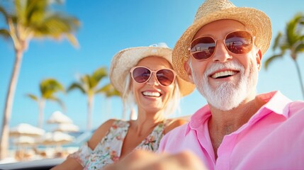 Joyful travel couple: A senior couple is smiling and taking selfie. Captured moment to experience the fun of traveling in a sunny day.