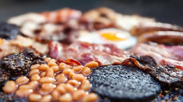Delicious Full English Breakfast Platter Up Close With Bacon, Egg, and Beans.