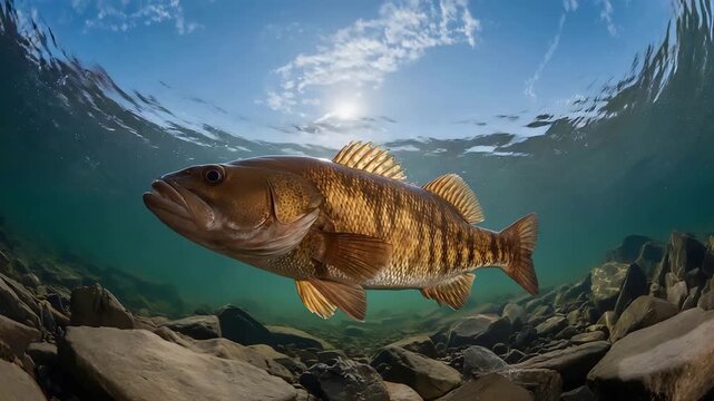 Majestic Smallmouth Bass Swims Through Sunlit Underwater River with Rocky Bottom.