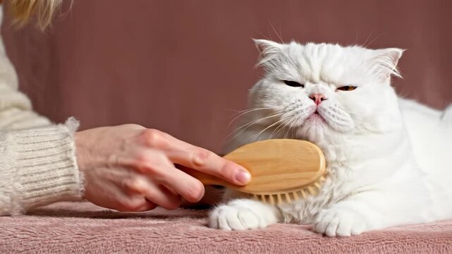 Owner grooming fluffy white Persian cat with wooden brush. Grumpy long-haired feline during pet care hygiene routine at home