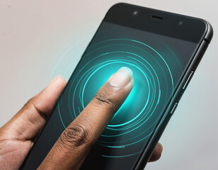 Close-up of a dark-skinned hand touching a modern smartphone screen with a glowing neon cyan ripple animation radiating from the fingertip. Conceptual image representing mobile security, biometric aut