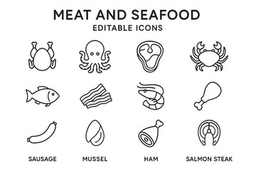 Meat and Seafood Editable Icons set. Vector illustration in modern thin line style of food related icons: chicken, octopus, beef, and more. Pictograms and infographics for mobile apps.