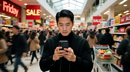 Digital Shopper: Customer Checking Deals or Comparison Shopping on Mobile Phone Amidst Sale Rush