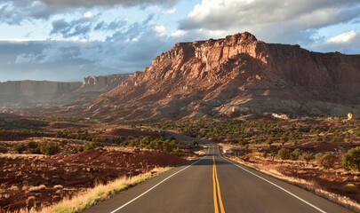 Orange rock formation at sunset in Capitol Reef National Park in Utah.   