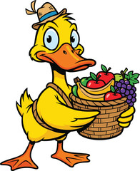 Cartoon duck holding fruit basket, cheerful farm animal, healthy food illustration, kids content, smiling duck character, colorful fruit, cute drawing