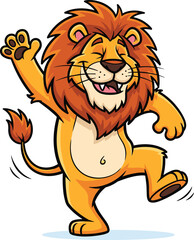 Cartoon lion dancing, happy animal character, joyful mascot illustration, playful jungle creature, kids content, cheerful pose, animated lion artwork