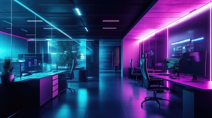 Futurist office space displaying cyberpunk neon aesthetic