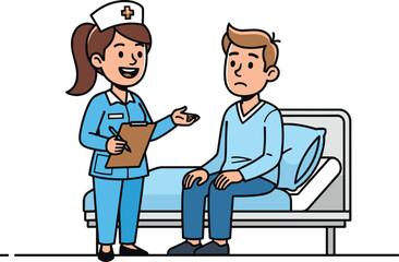 Cartoon nurse talking to patient, hospital bed scene, healthcare illustration, medical staff communication, friendly nurse, hospital room, patient care