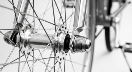 A detailed close up shot showcases a vintage bicycle wheel, highlighting its intricate network of spokes and polished silver hub in monochrome.