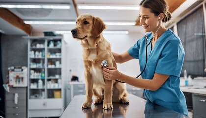 Smiling veterinarian examining a cute golden retriever puppy with a stethoscope in a bright clinic