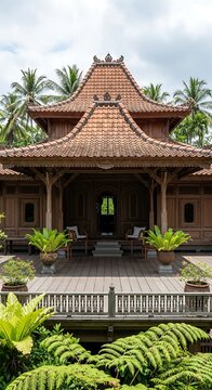 Traditional Javanese Joglo House with Lush Tropical Garden and Palm Trees.