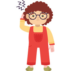 Child with Curly Hair Wearing Glasses and Red Overalls Feeling Ill with a Headache Against a Transparent Background
