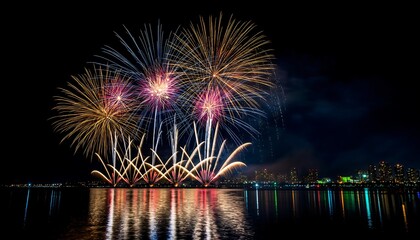 Spectacular fireworks illuminate the night sky over a city skyline, reflecting brilliantly on the calm water.