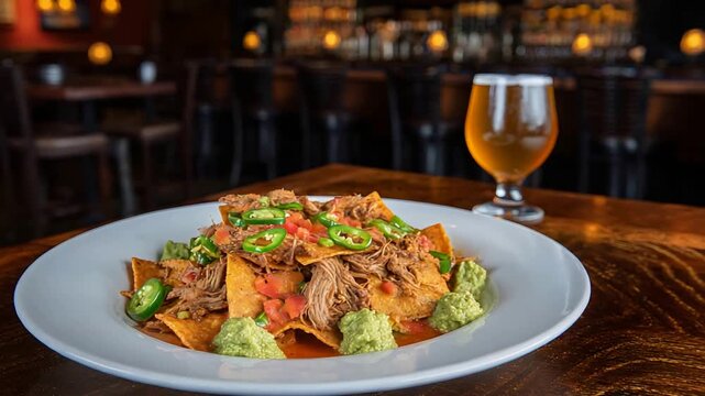 Delicious Pulled Pork Nachos with Guacamole and Beer in Cozy Restaurant.