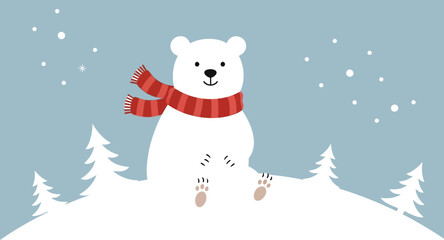 Fototapeta premium Cute polar bear wearing a scarf sitting in a snowy winter landscape scene art