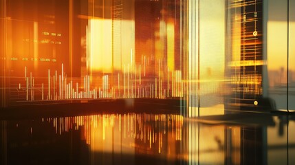 Financial data charts reflecting modern city at sunset