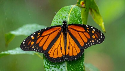 A vibrant monarch butterfly rests on a lush green leaf, its wings spread wide, showcasing striking orange and black patterns. Raindrops glisten