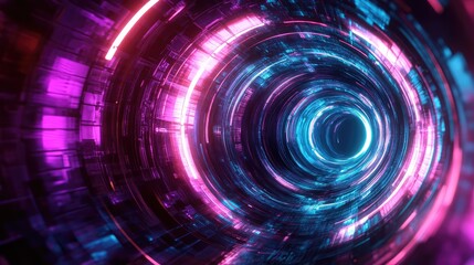 Abstract flying in a futuristic digital neon light tunnel