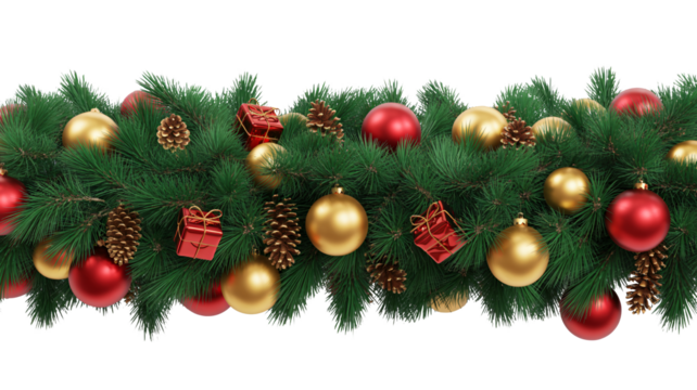 Festive Christmas garland with ornaments, pinecones and gift boxes