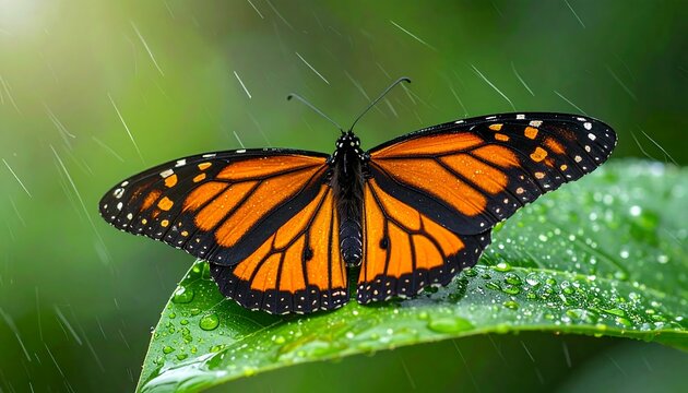 A vibrant monarch butterfly with orange and black wings, rests on a green leaf covered in raindrops, against a blurred background - Powered by Adobe