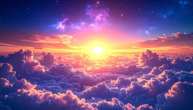 A vibrant sunset radiates above a sea of fluffy, illuminated clouds, transitioning to a starlit, purplish and blue celestial sky