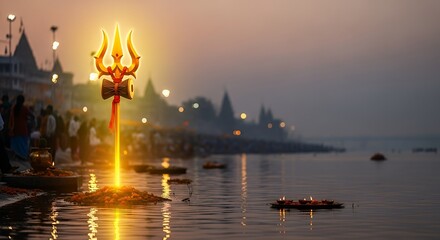 Hindu Kumbha Ritual (local) Trishul glowing by riverside, yellow-orange gradient