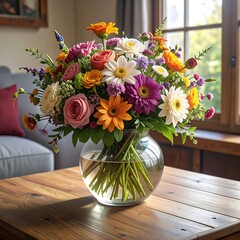 A vibrant, multi-colored floral arrangement in a clear glass vase sits on a wooden table. Background shows a window with sunlight and a glimpse of a living room