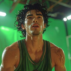 A young man, face glistening with sweat, looks up in a green-lit basketball court, hair tousled. He wears a jersey