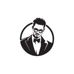 Black and White Handsome Man Illustration in Clean Vector Line Art Style on Minimal Background