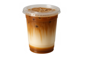 Iced latte with milk layers and coffee pouring over ice in a plastic takeaway cup, ready for refreshing drink