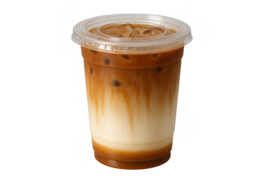 Iced latte with milk layers and coffee pouring over ice in a plastic takeaway cup, ready for refreshing drink