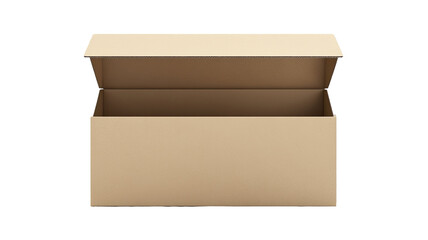 Empty cardboard box with open flaps and clean recyclable packaging structure clearly shown for storage or shipping use isolated on white background