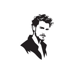 Black and White Handsome Man Illustration in Clean Vector Line Art Style on Minimal Background