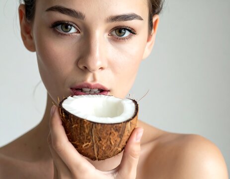 Young woman gazing, holds coconut half near mouth