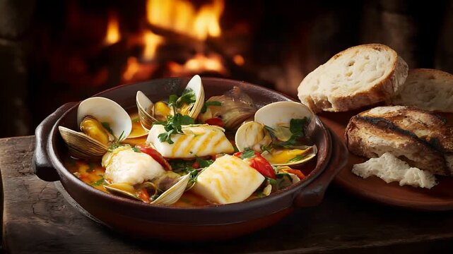 Hearty Seafood Stew with Crusty Bread Simmering by a Cozy Fireplace.