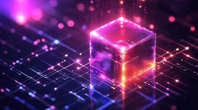 Glowing data cube connecting digital network lines