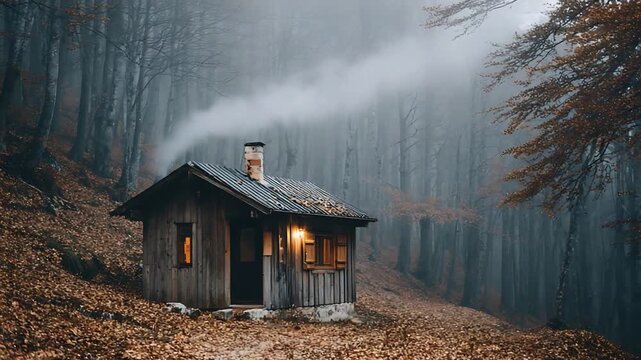 Cozy wooden cabin with smoke rising from chimney in a misty autumn forest.