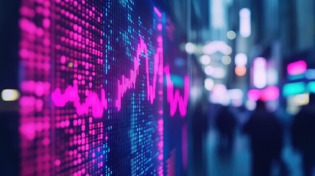 Financial data display showing stock market trends in a city
