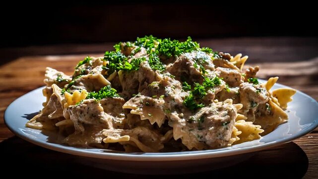 Delicious Creamy Farfalle Pasta Dish Topped with Fresh Parsley.