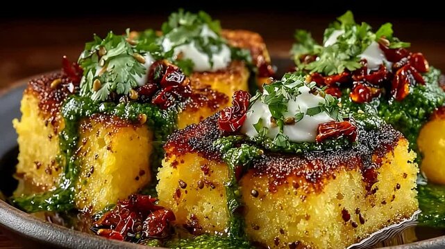 Savory Golden Bites Topped with Creamy White Sauce and Fresh Green Herbs.