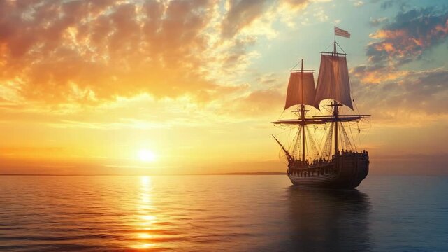 Majestic sailing ship on calm ocean at vibrant sunset